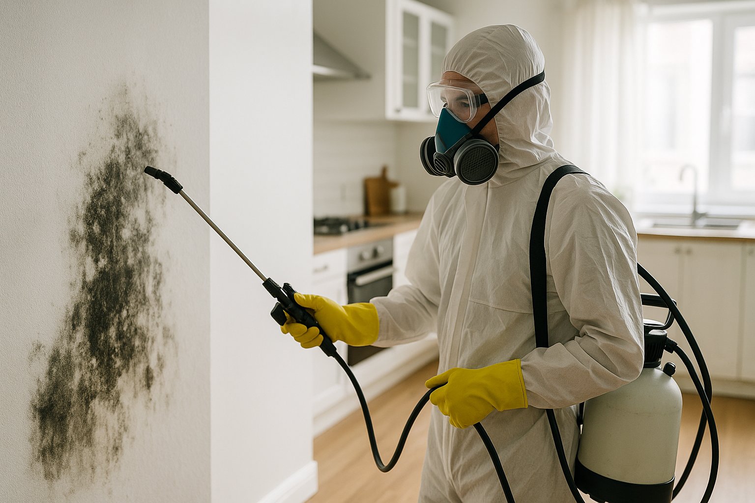 Technician in protective gear treating black mold on a Knoxville home wall