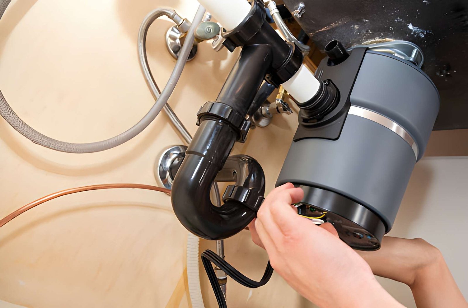 Checking a leaking garbage disposal under a Knoxville kitchen sink