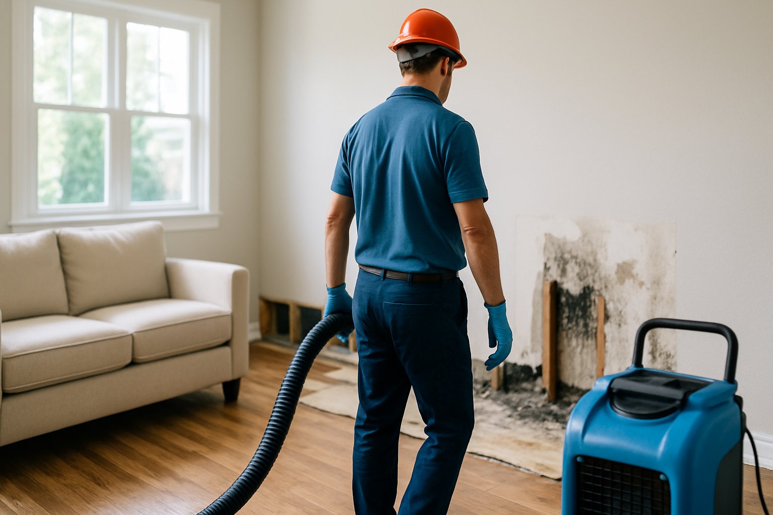 Restoration technician drying a water-damaged living room wall