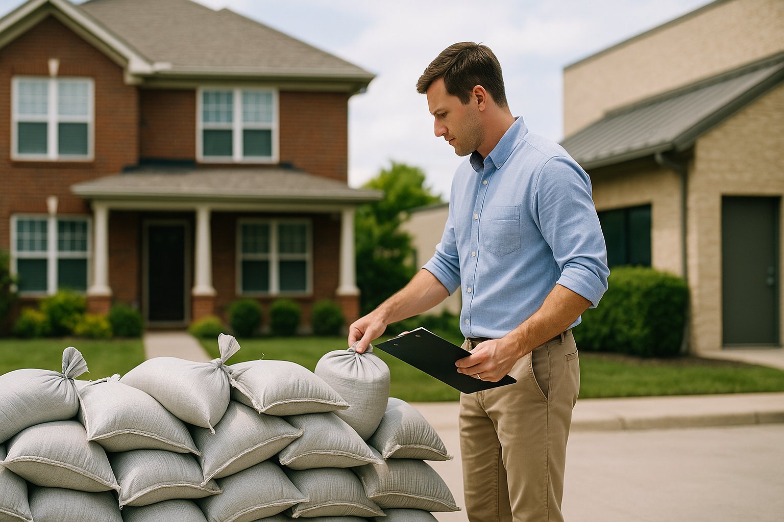 Homeowner stacking sandbags to prepare a Knoxville home for storm damage