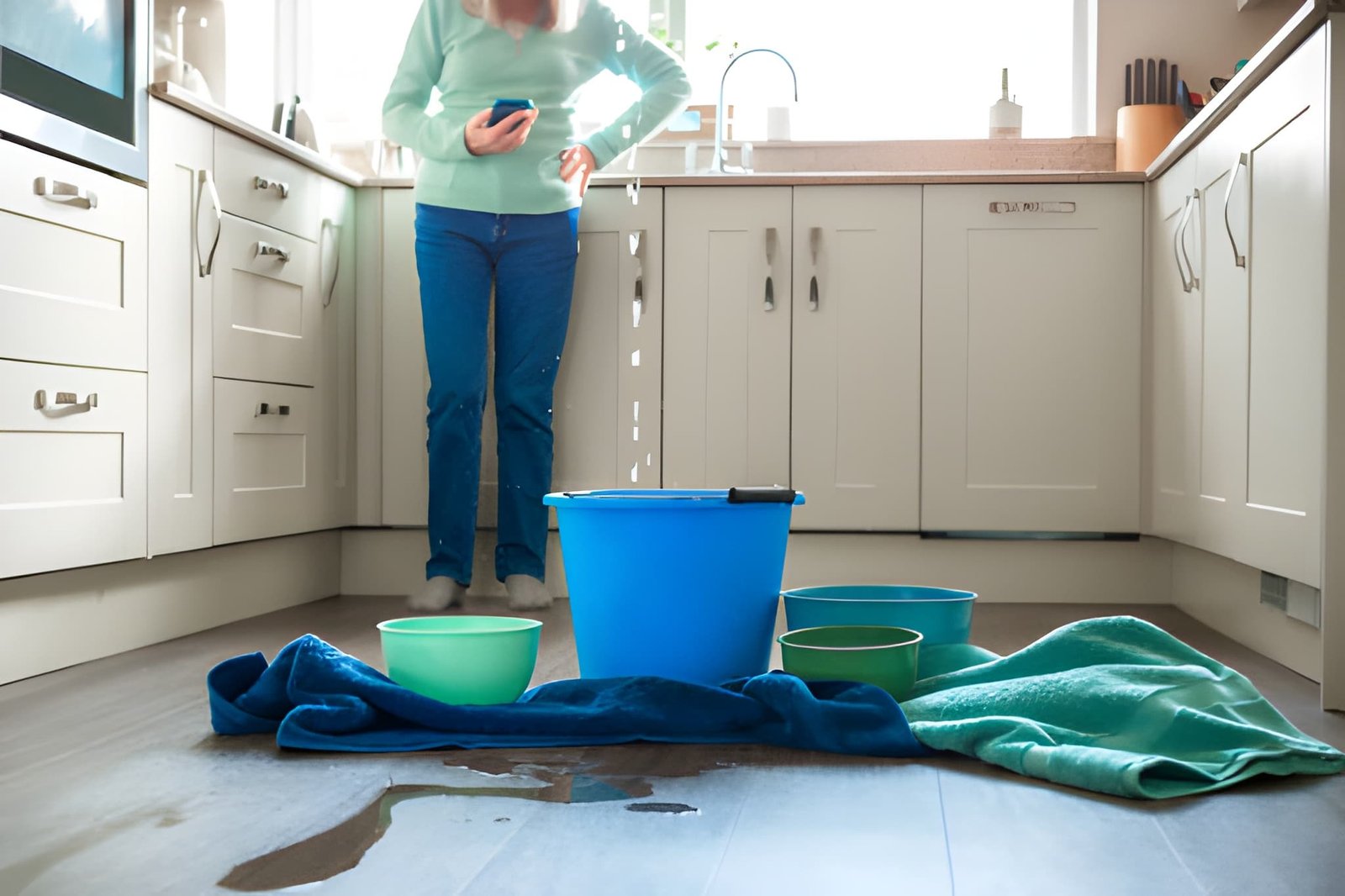 Kitchen water leak with buckets and towels in the first 24 hours of water damage