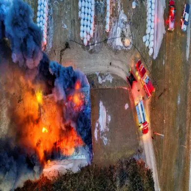 Commercial Building Fire Aerial East Tennessee Aerial view of firefighters responding to a commercial building fire with heavy smoke in East Tennessee