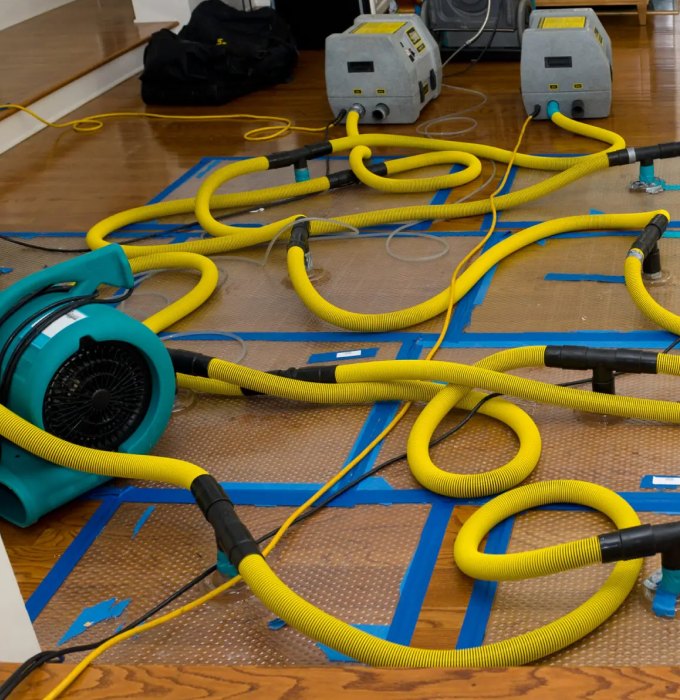Drain Backup Water Extraction Knoxville TN Water extraction hoses and air movers drying a flooded floor during flood damage cleanup in Knoxville, TN