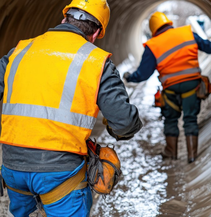 Main Sewer Line Cleaning Crew Knoxville TN Technicians inspecting a main sewer line during professional drain and sewer line cleaning near Knoxville