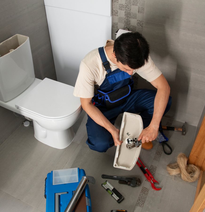 Plumber Installing Toilet Knoxville TN Licensed plumber installing a new toilet with professional tools in a Knoxville, TN bathroom