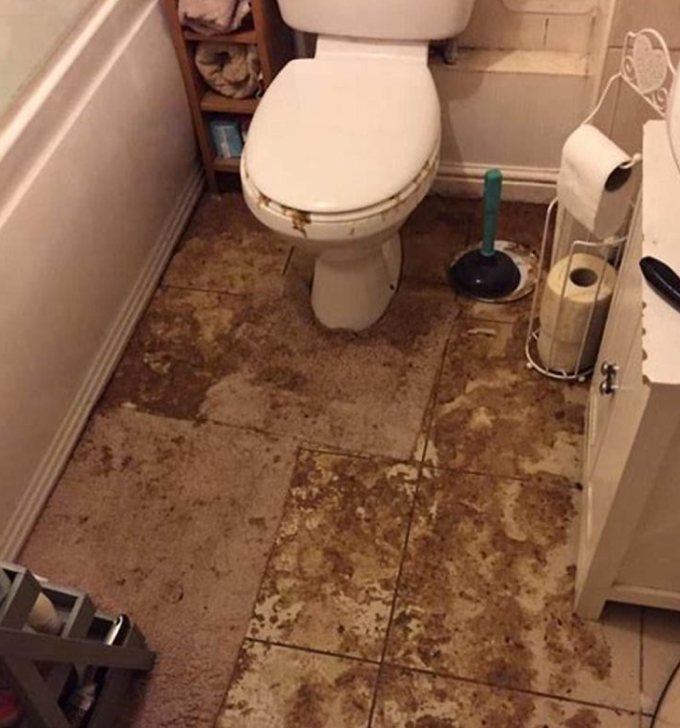 Toilet Overflow Sewage on Bathroom Floor Knoxville TN Overflowed toilet with dirty water across the bathroom floor before toilet repair in Knoxville, TN
